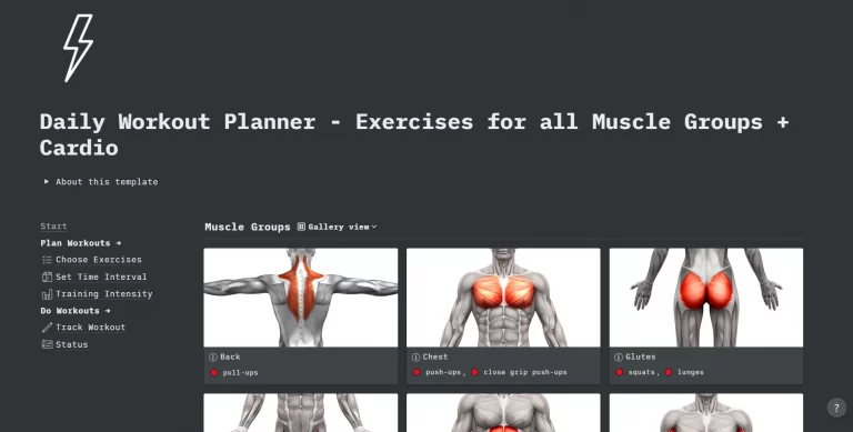 Daily Workout Planner in Notion - Exercises for all Muscle Groups + Cardio